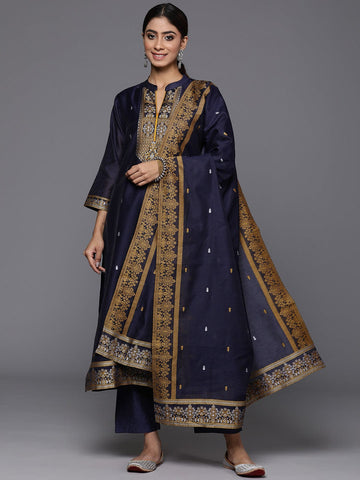 navy-blue-ethnic-motif-woven-textured-mandarin-collar-straight-kurta-paired-with-tonal-solid-bottom-and-dupatta-rs-vskd31331
